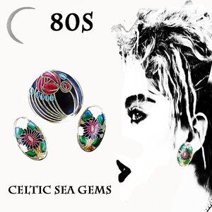 Vintage Black Cloisonne Brooch, Clip On Earrings Jewelry Set VFG 80s